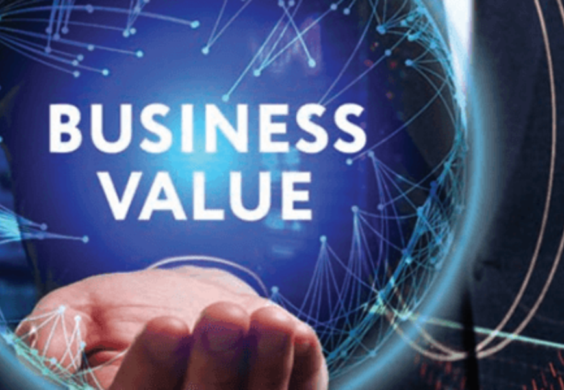 man holding hand out with the words "Business Value" in front