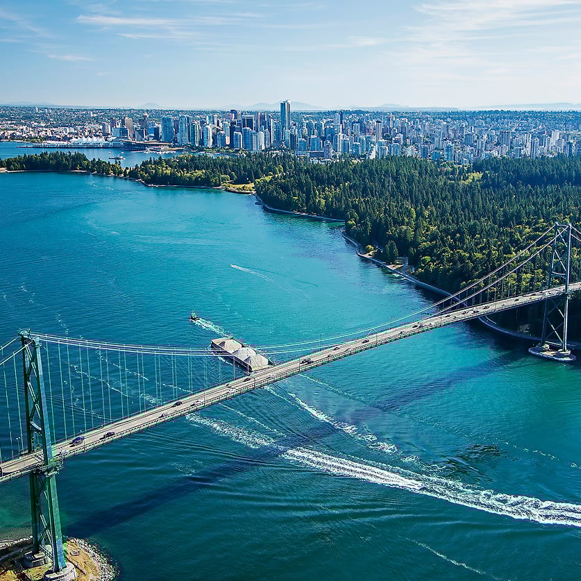 vancouver skyline, waterway, and bridge