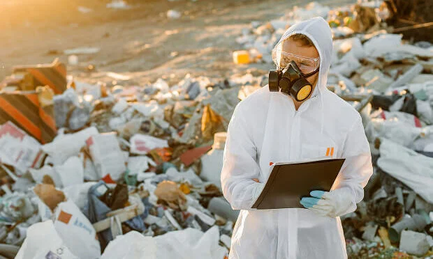 man in hazardous waste suit inspecting site